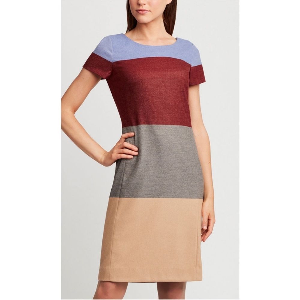 Etcetera Blue, Red, Gray & Beige Tan Color Block Shift Knit Dress in Size 8